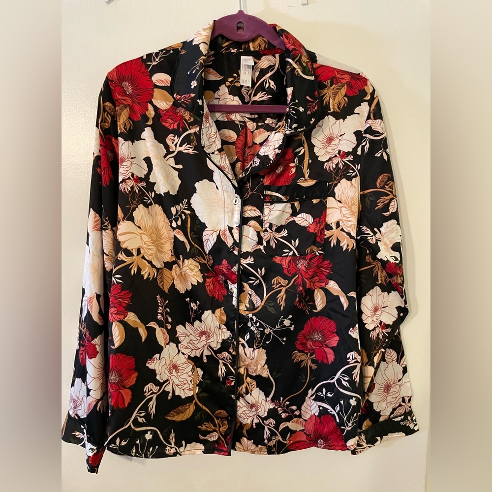 STARS ABOVE Black Floral Pajama Top Only Almost Black Sz L